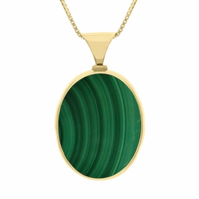 9ct Yellow Gold Whitby Jet Malachite King's Coronation Hallmark Double Sided Oval Necklace D