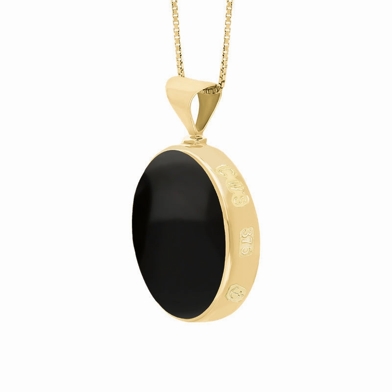 9ct Yellow Gold Whitby Jet Malachite King's Coronation Hallmark Double Sided Round Necklace D