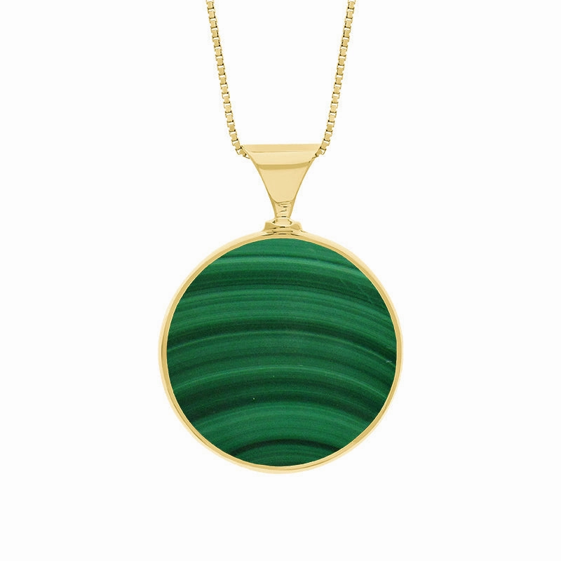 9ct Yellow Gold Whitby Jet Malachite King's Coronation Hallmark Double Sided Round Necklace D