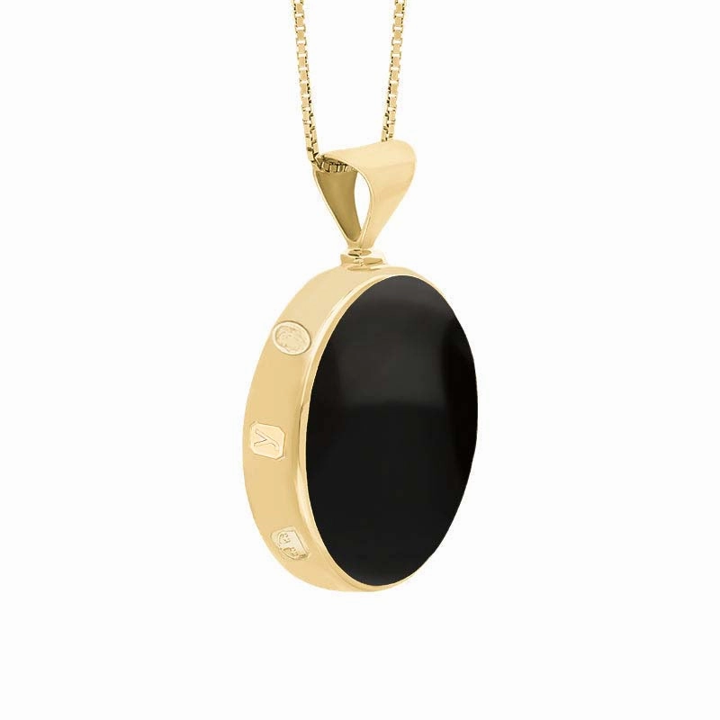 9ct Yellow Gold Whitby Jet Malachite King's Coronation Hallmark Double Sided Round Necklace D