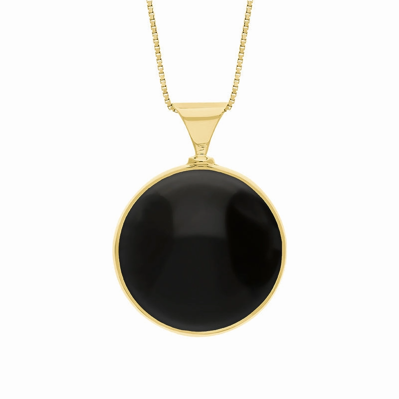 9ct Yellow Gold Whitby Jet Malachite King's Coronation Hallmark Double Sided Round Necklace D