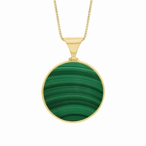 9ct Yellow Gold Whitby Jet Malachite King's Coronation Hallmark Double Sided Round Necklace D