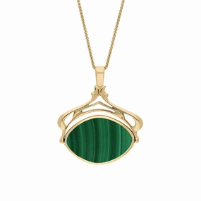 9ct Yellow Gold Whitby Jet Malachite Marquise Swivel Fob Necklace