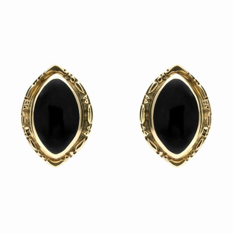9ct Yellow Gold Whitby Jet Marquise Beaded Edge Stud Earrings