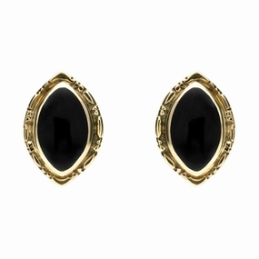 9ct Yellow Gold Whitby Jet Marquise Beaded Edge Stud Earrings