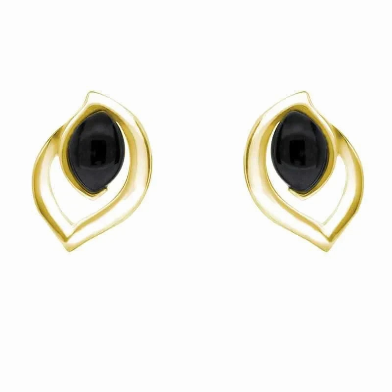 9ct Yellow Gold Whitby Jet Marquise Flame Stud Earrings
