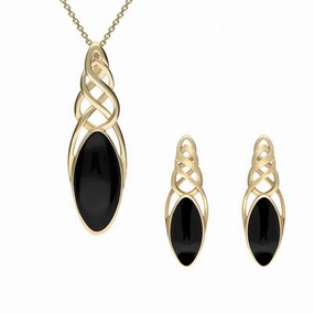 9ct Yellow Gold Whitby Jet Marquise Pierced Long Two Piece Set