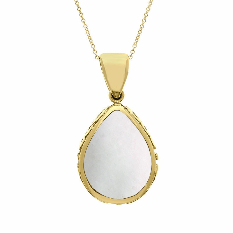 9ct Yellow Gold Whitby Jet Mother Of Pearl Double Sided Celtic Pear Cut Fob Necklace