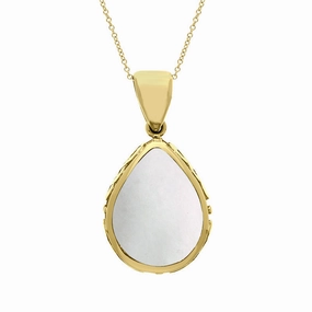 9ct Yellow Gold Whitby Jet Mother Of Pearl Double Sided Celtic Pear Cut Fob Necklace
