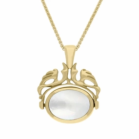 9ct Yellow Gold Whitby Jet Mother Of Pearl Double Sided Oval Swivel Fob Necklace