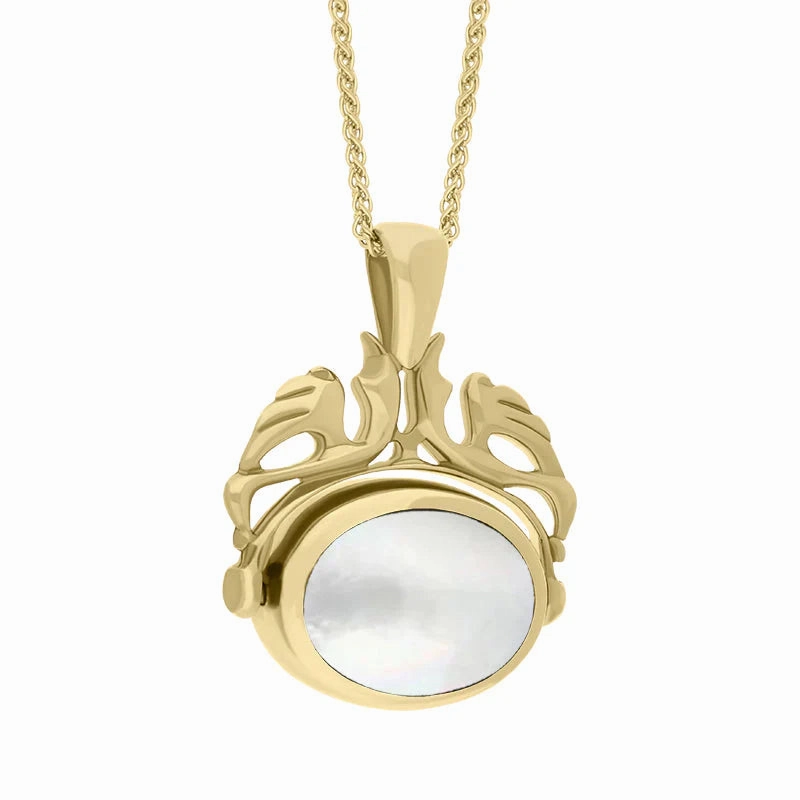 9ct Yellow Gold Whitby Jet Mother Of Pearl Double Sided Oval Swivel Fob Necklace