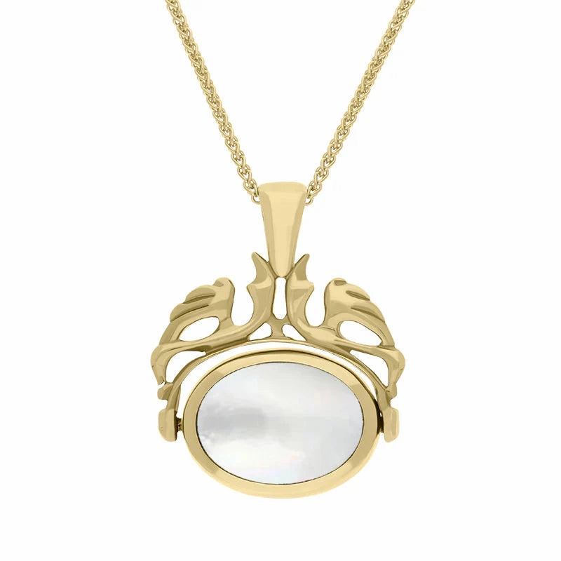 9ct Yellow Gold Whitby Jet Mother Of Pearl Double Sided Oval Swivel Fob Necklace