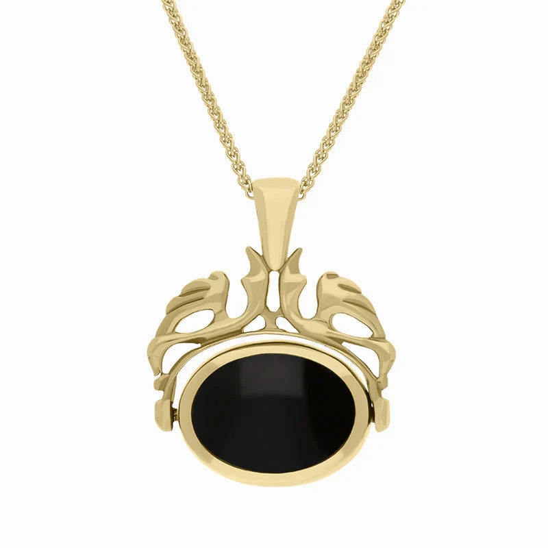 9ct Yellow Gold Whitby Jet Mother Of Pearl Double Sided Oval Swivel Fob Necklace