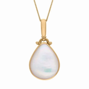 9ct Yellow Gold Whitby Jet Mother of Pearl Double Sided Pear Fob Necklace