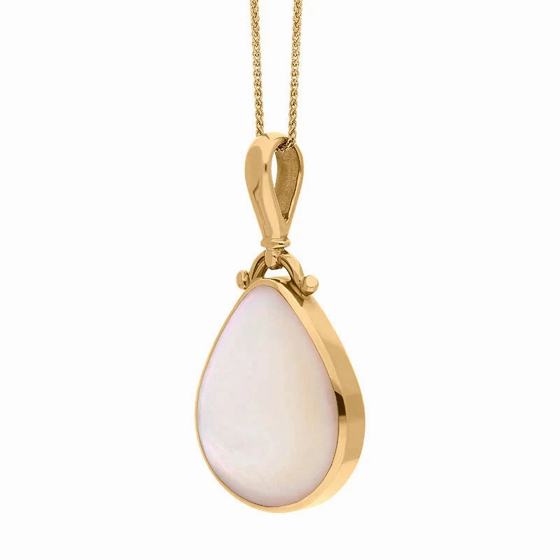 9ct Yellow Gold Whitby Jet Mother of Pearl Double Sided Pear Fob Necklace