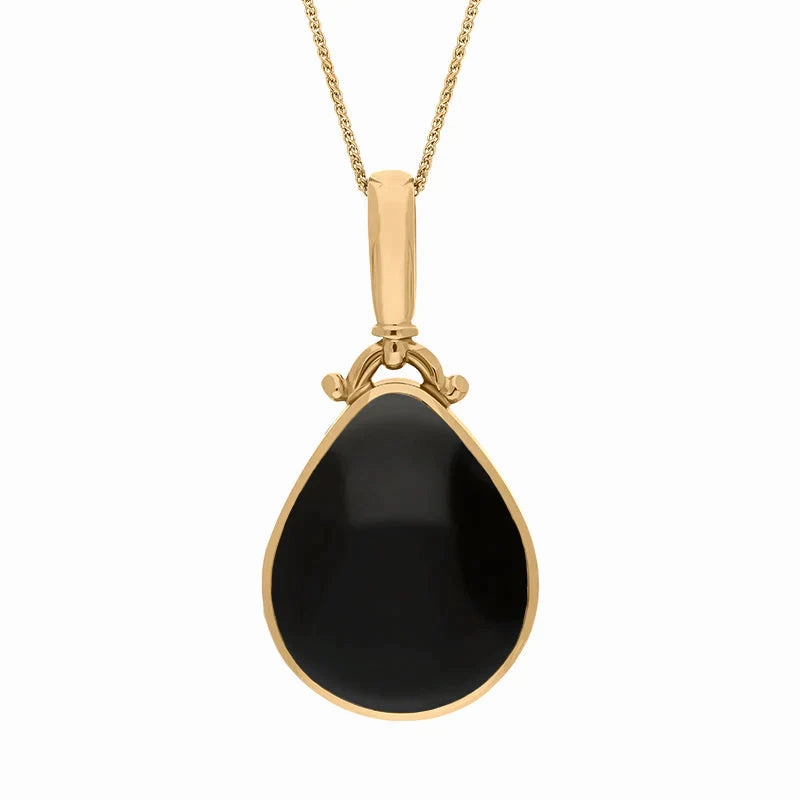 9ct Yellow Gold Whitby Jet Mother of Pearl Double Sided Pear Fob Necklace