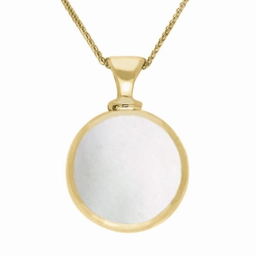 9ct Yellow Gold Whitby Jet Mother Of Pearl Double Sided Round Dinky Fob Necklace