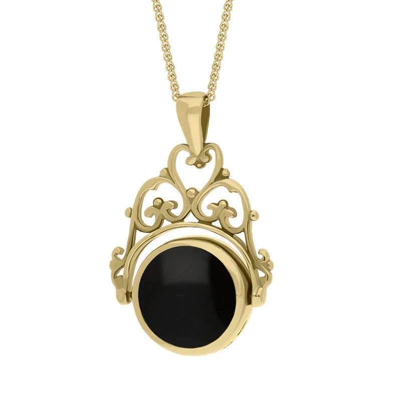 9ct Yellow Gold Whitby Jet Mother Of Pearl Double Sided Round Swivel Fob Necklace