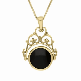 9ct Yellow Gold Whitby Jet Mother Of Pearl Double Sided Round Swivel Fob Necklace