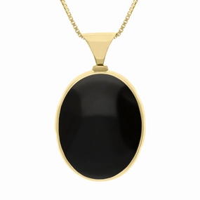 9ct Yellow Gold Whitby Jet Mother of Pearl King's Coronation Hallmark Double Sided Oval Necklace D