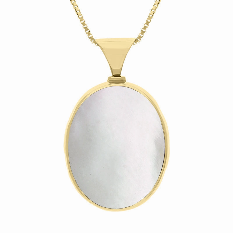 9ct Yellow Gold Whitby Jet Mother of Pearl King's Coronation Hallmark Double Sided Oval Necklace D