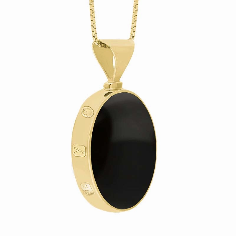9ct Yellow Gold Whitby Jet Mother of Pearl King's Coronation Hallmark Double Sided Oval Necklace D