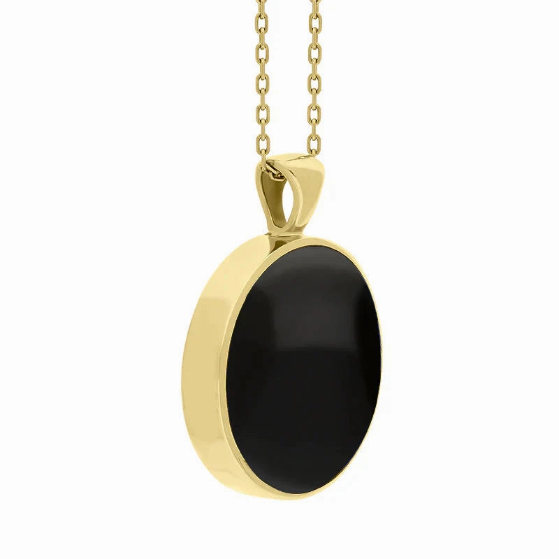 9ct Yellow Gold Whitby Jet Mother Of Pearl Large Double Sided Round Fob Necklace