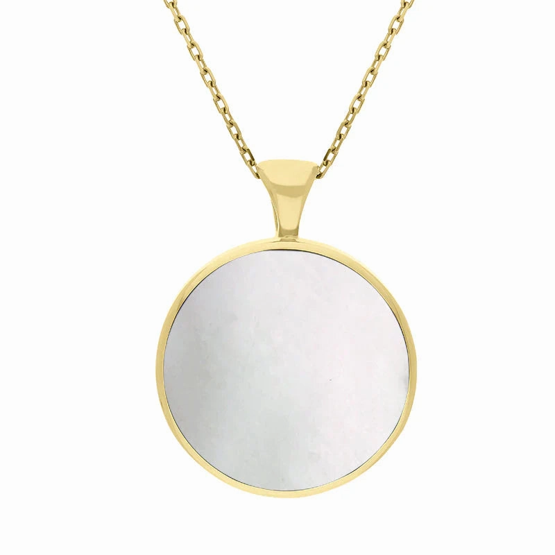 9ct Yellow Gold Whitby Jet Mother Of Pearl Large Double Sided Round Fob Necklace