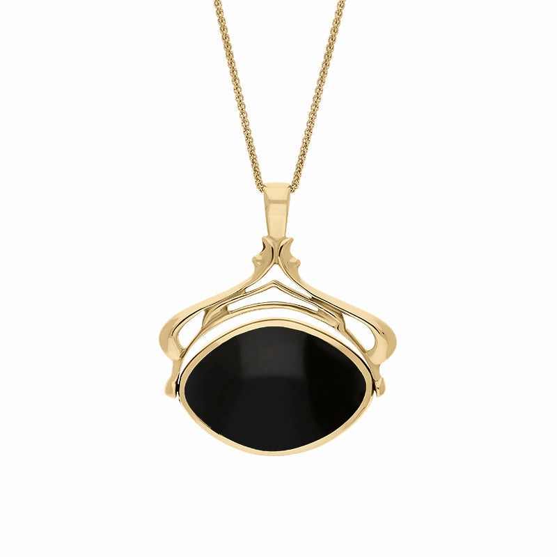 9ct Yellow Gold Whitby Jet Mother Of Pearl Marquise Swivel Fob Necklace
