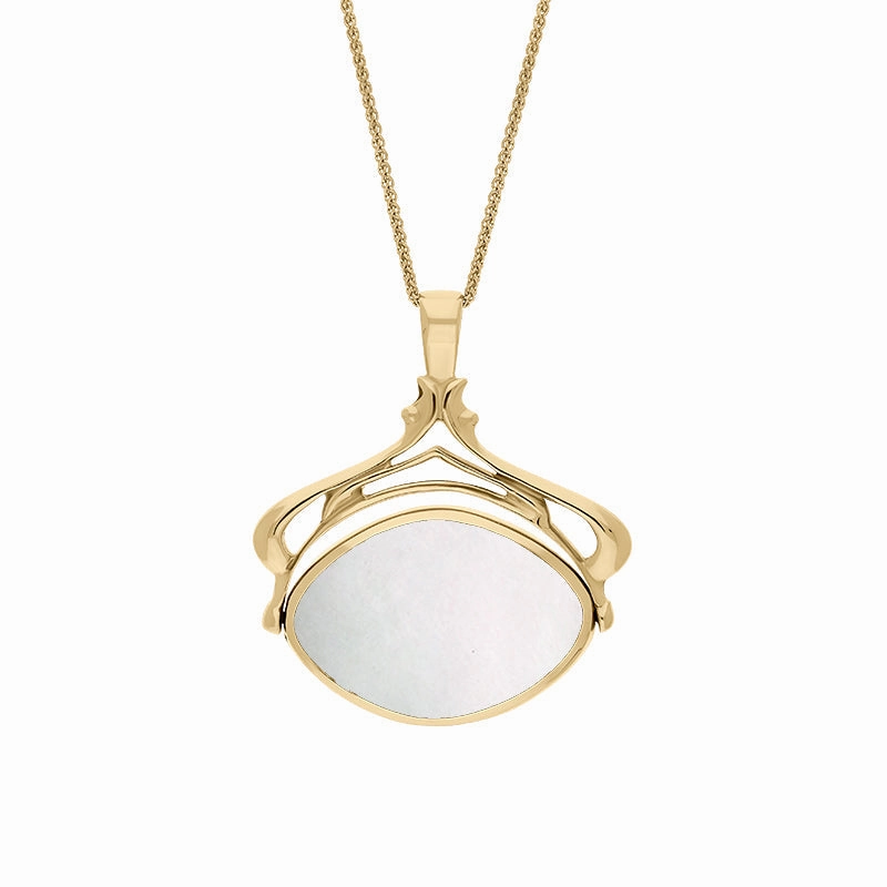 9ct Yellow Gold Whitby Jet Mother Of Pearl Marquise Swivel Fob Necklace