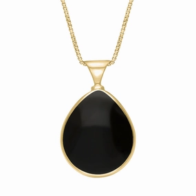 9ct Yellow Gold Whitby Jet Mother of Pearl Queens Jubilee Hallmark Double Sided Pear-shaped Necklace D