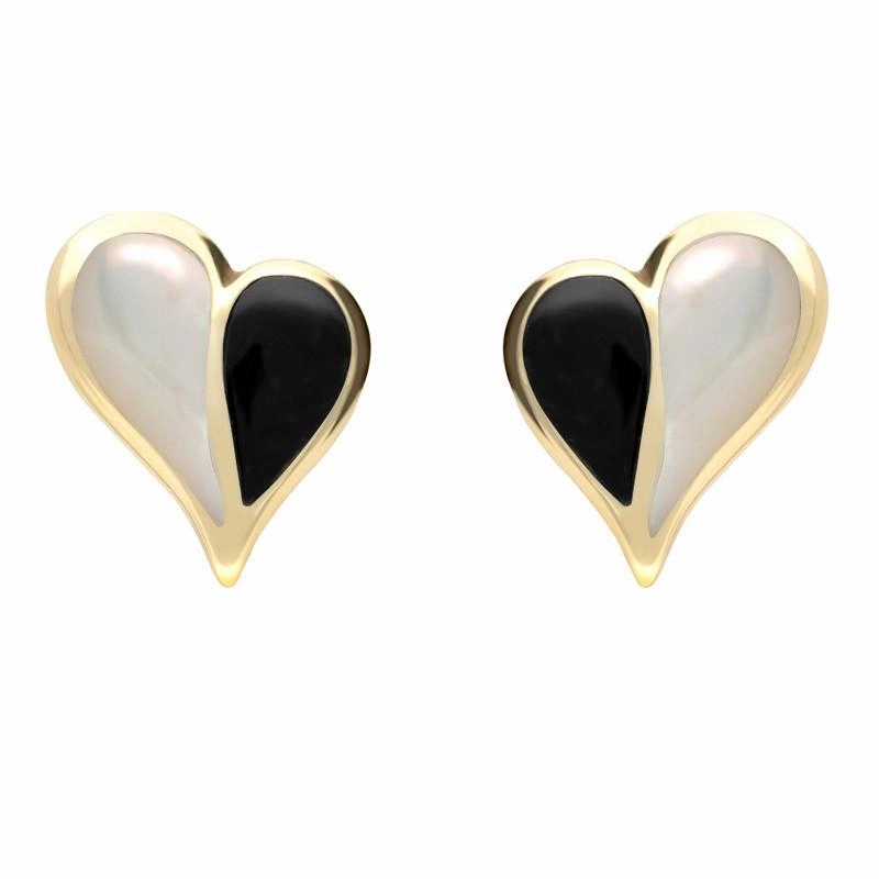 9ct Yellow Gold Whitby Jet Mother of Pearl Split Heart Stud Earrings