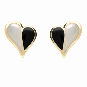 9ct Yellow Gold Whitby Jet Mother of Pearl Split Heart Stud Earrings