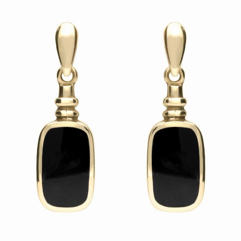 9ct Yellow Gold Whitby Jet Oblong Bottle Top Drop Earrings