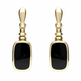 9ct Yellow Gold Whitby Jet Oblong Bottle Top Drop Earrings