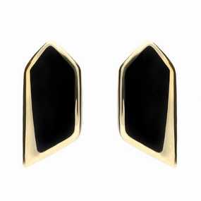 9ct Yellow Gold Whitby Jet Organic Abstract Pentagon Stud Earrings