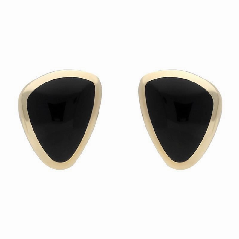 9ct Yellow Gold Whitby Jet Organic Abstract Triangle Stud Earrings