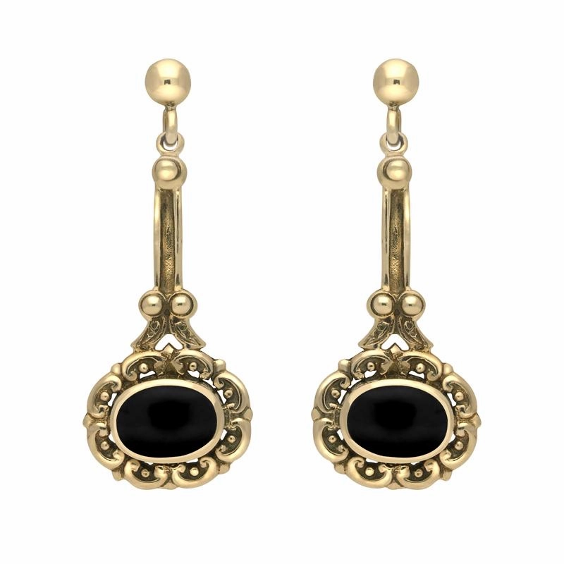 9ct Yellow Gold Whitby Jet Ornate Antique Oval Drop Earrings