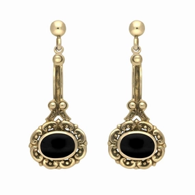 9ct Yellow Gold Whitby Jet Ornate Antique Oval Drop Earrings