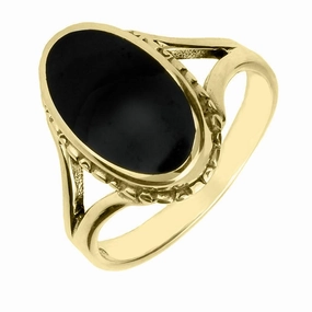 9ct Yellow Gold Whitby Jet Oval Rope Edge Ring
