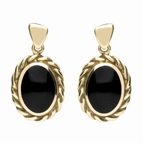 9ct Yellow Gold Whitby Jet Oval Rope Edge Triangle Bail Drop Earrings