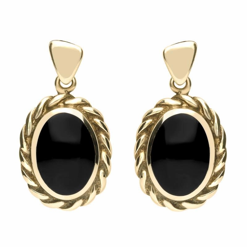 9ct Yellow Gold Whitby Jet Oval Rope Edge Triangle Bail Drop Earrings