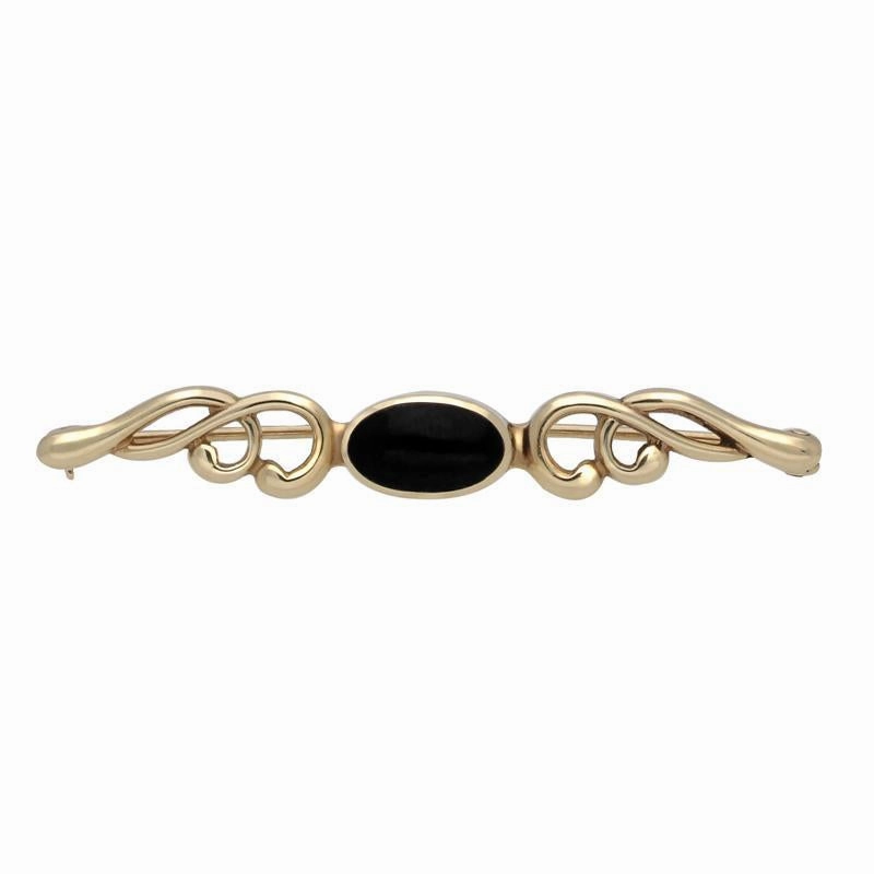 9ct Yellow Gold Whitby Jet Oval Scroll Brooch