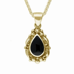 9ct Yellow Gold Whitby Jet Pear Shaped Leaf Drop Necklace