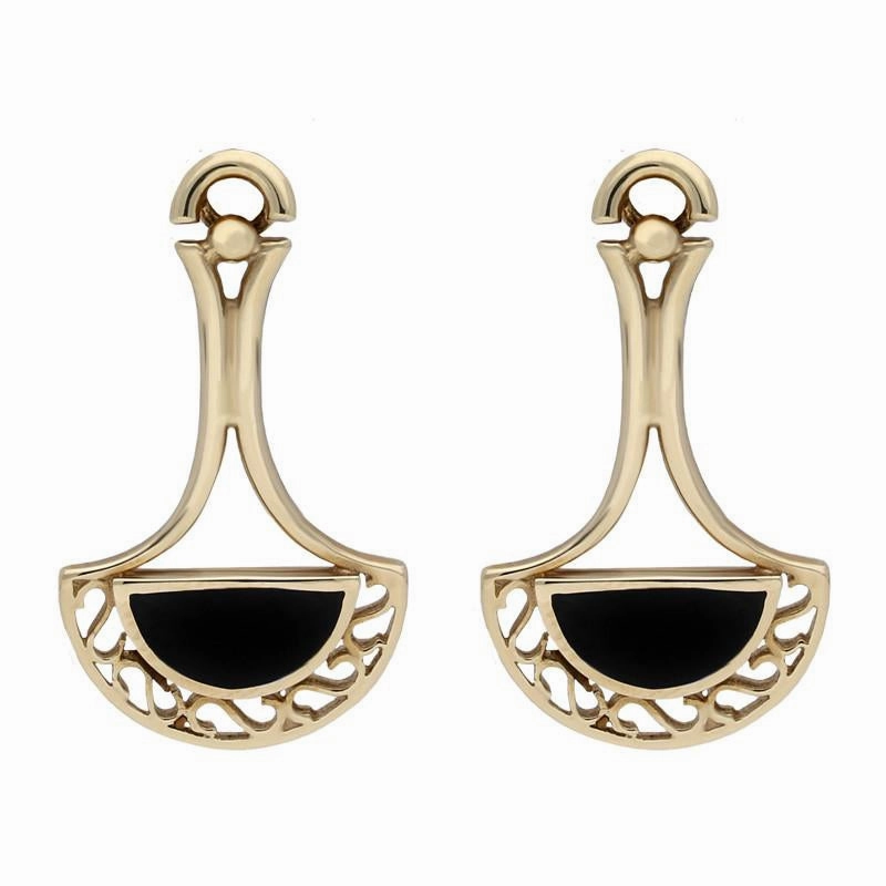 9ct Yellow Gold Whitby Jet Pierced Fan Drop Earrings