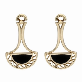 9ct Yellow Gold Whitby Jet Pierced Fan Drop Earrings