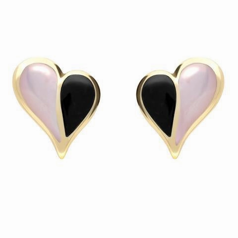 9ct Yellow Gold Whitby Jet Pink Mother of Pearl Split Heart Stud Earrings