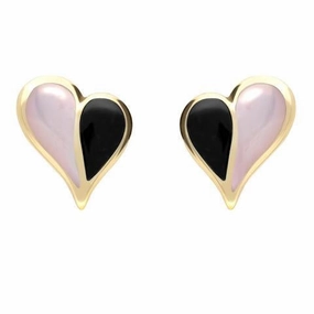 9ct Yellow Gold Whitby Jet Pink Mother of Pearl Split Heart Stud Earrings