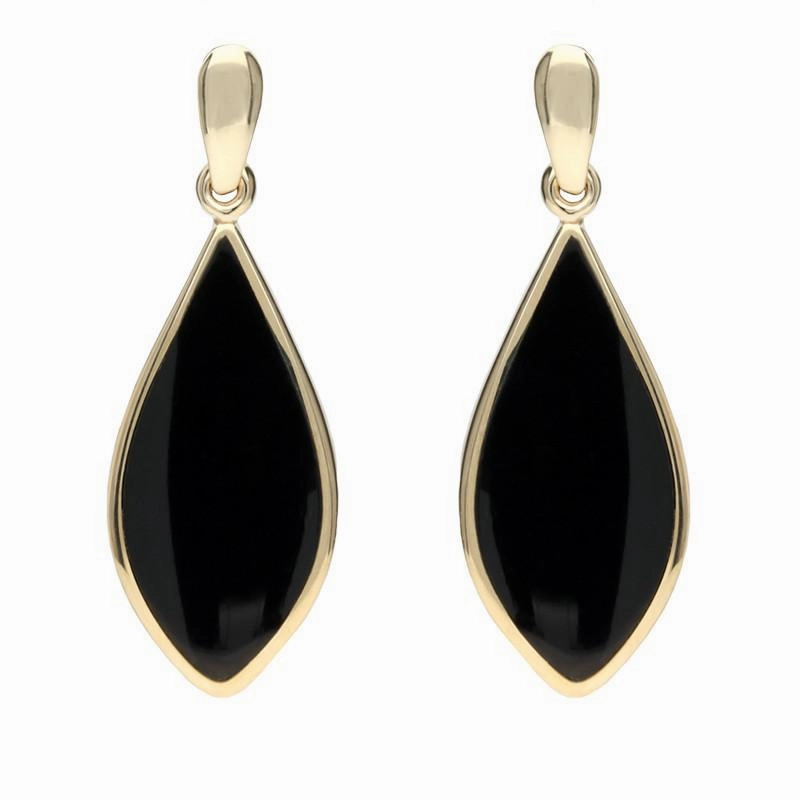 9ct Yellow Gold Whitby Jet Pointed Pear Drop Earrings