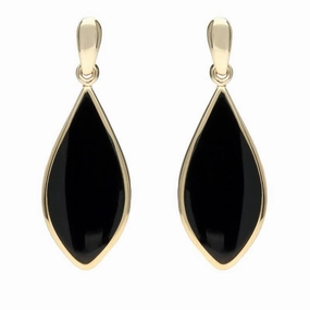 9ct Yellow Gold Whitby Jet Pointed Pear Drop Earrings
